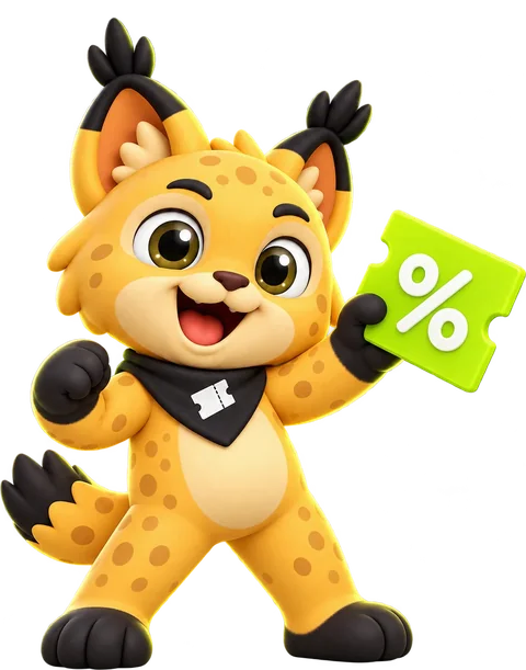 Vi, o lince mascote do Vicupom, de bandana preta de Black Friday segurando um cupom verde-limão