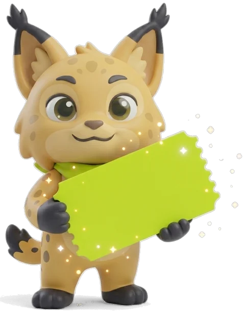 Vi, o lince mascote do Vicupom, segurando um cupom de desconto