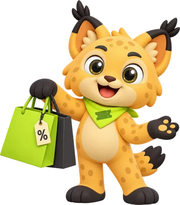 Vi, o lince do Vicupom, segurando sacolas de compras com etiqueta de desconto